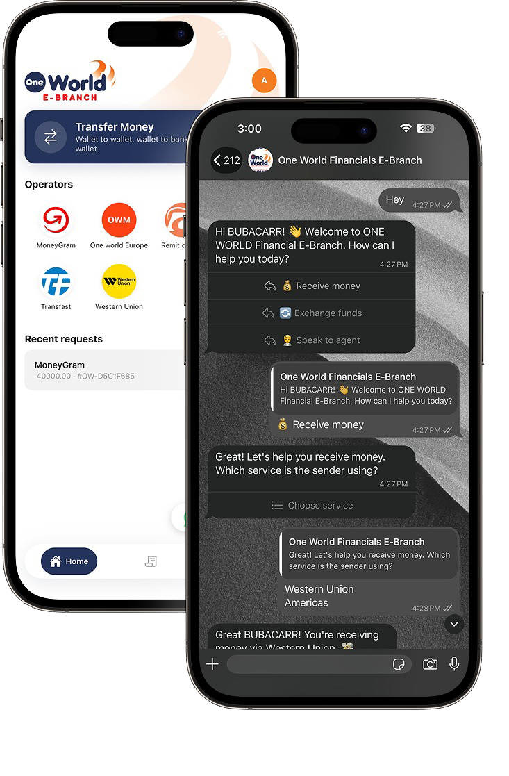 One World E-Branch app screens